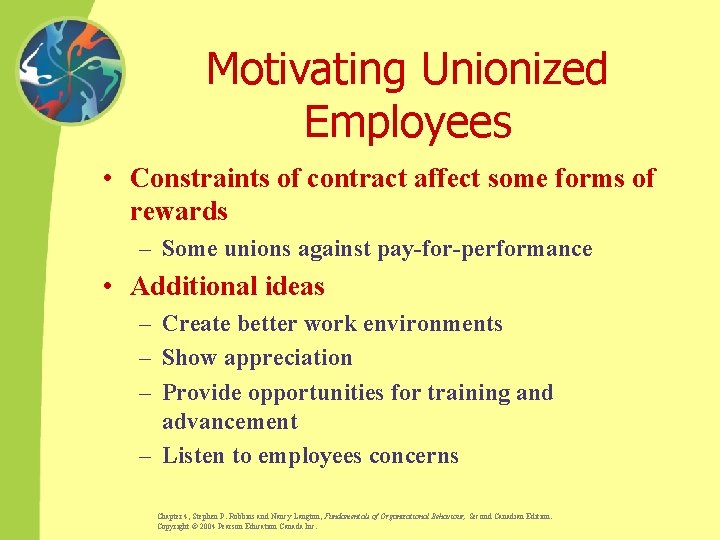 Motivating Unionized Employees • Constraints of contract affect some forms of rewards – Some