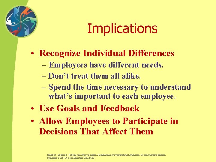 Implications • Recognize Individual Differences – Employees have different needs. – Don’t treat them