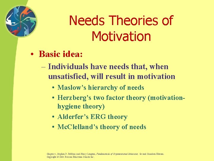 Needs Theories of Motivation • Basic idea: – Individuals have needs that, when unsatisfied,