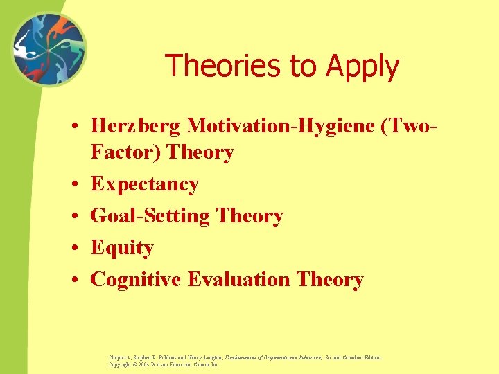 Theories to Apply • Herzberg Motivation-Hygiene (Two. Factor) Theory • Expectancy • Goal-Setting Theory