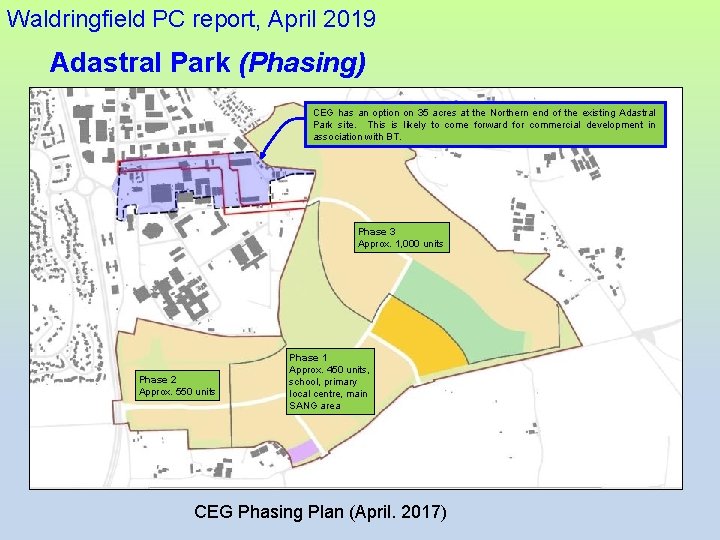 Waldringfield PC report, April 2019 Adastral Park (Phasing) CEG has an option on 35