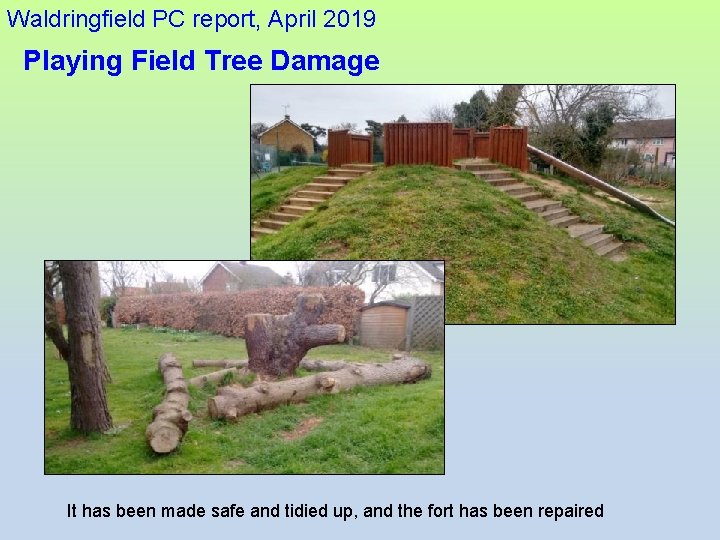 Waldringfield PC report, April 2019 Playing Field Tree Damage It has been made safe