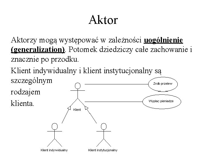 Aktorzy mogą występować w zależności uogólnienie (generalization). Potomek dziedziczy całe zachowanie i znacznie po