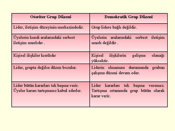 Otoriter Grup Düzeni Demokratik Grup Düzeni Lider, iletişim düzeyinin merkezindedir. Grup lidere bağlı değildir.