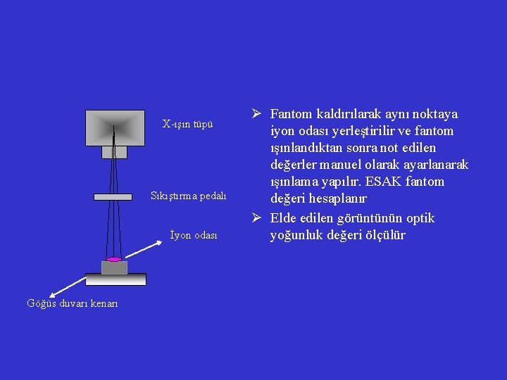 X-ışın tüpü Sıkıştırma pedalı İyon odası Göğüs duvarı kenarı Ø Fantom kaldırılarak aynı noktaya X-ışın tüpü Sıkıştırma pedalı İyon odası Göğüs duvarı kenarı Ø Fantom kaldırılarak aynı noktaya