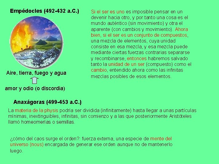 Empédocles (492 -432 a. C. ) Aire, tierra, fuego y agua Si el ser