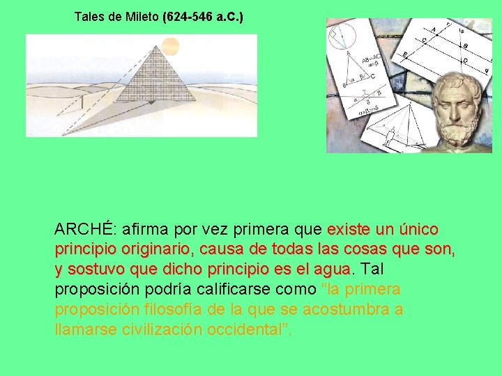 Tales de Mileto (624 -546 a. C. ) ARCHÉ: afirma por vez primera que