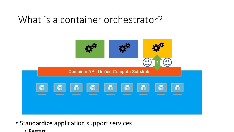 What is a container orchestrator? ? Container API: Unified Compute Substrate • Standardize application