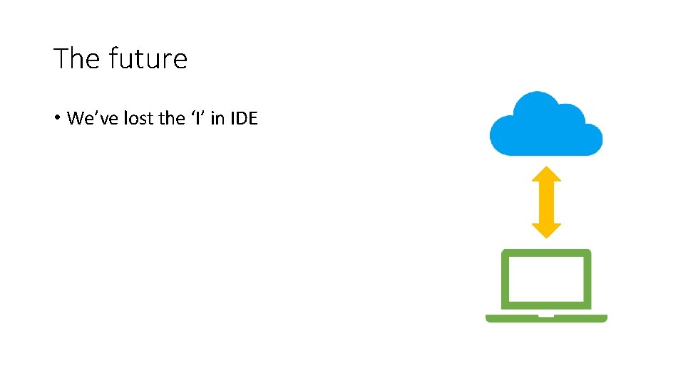 The future • We’ve lost the ‘I’ in IDE 