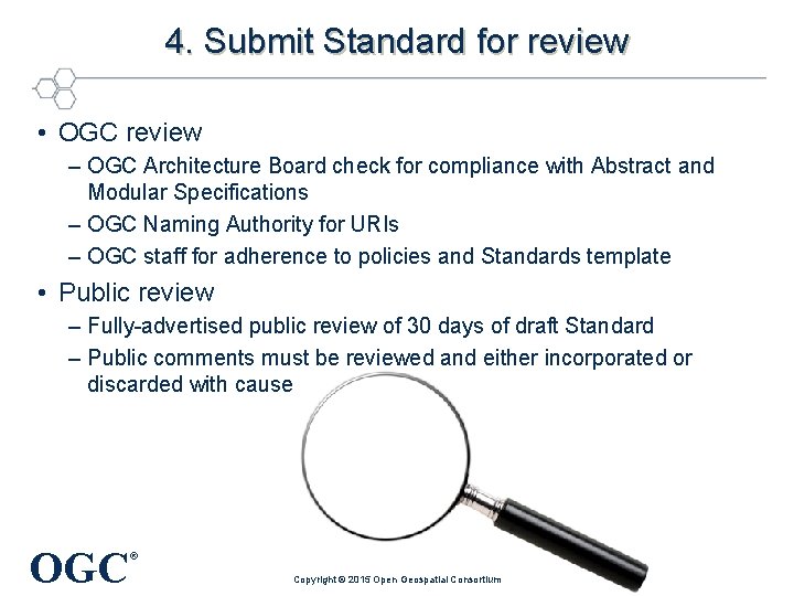 4. Submit Standard for review • OGC review – OGC Architecture Board check for