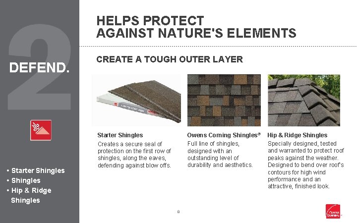 HELPS PROTECT AGAINST NATURE'S ELEMENTS DEFEND. • Starter Shingles • Hip & Ridge Shingles