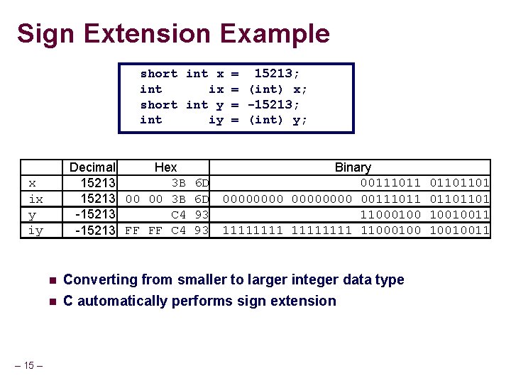 Sign Extension Example short int x = 15213; int ix = (int) x; short Sign Extension Example short int x = 15213; int ix = (int) x; short