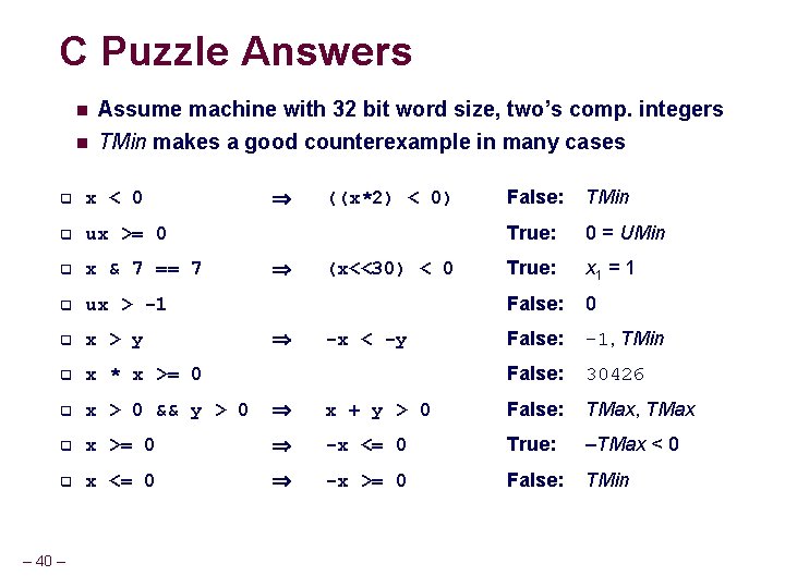 C Puzzle Answers n n Assume machine with 32 bit word size, two’s comp. C Puzzle Answers n n Assume machine with 32 bit word size, two’s comp.