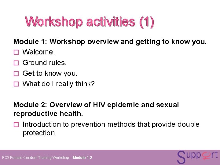 Workshop activities (1) Module 1: Workshop overview and getting to know you. � Welcome. Workshop activities (1) Module 1: Workshop overview and getting to know you. � Welcome.
