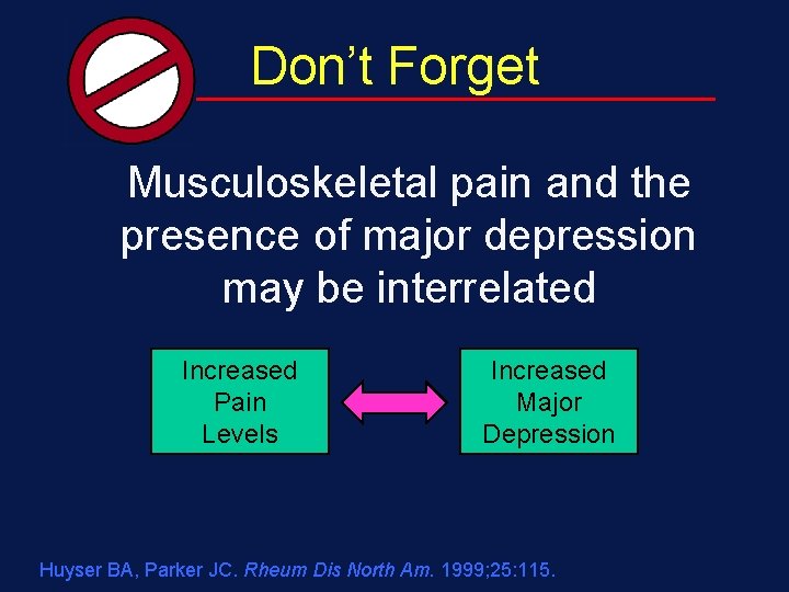 Don’t Forget Musculoskeletal pain and the presence of major depression may be interrelated Increased