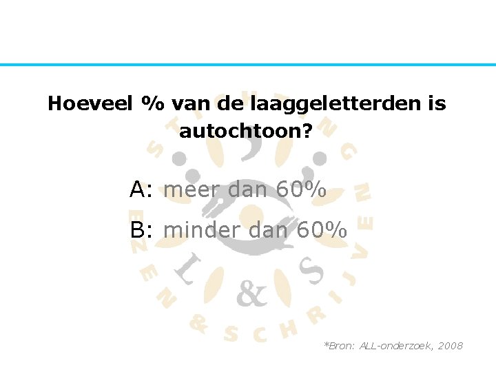 Hoeveel % van de laaggeletterden is autochtoon? A: meer dan 60% B: minder dan