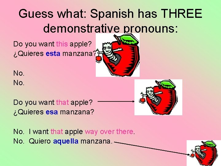 Guess what: Spanish has THREE demonstrative pronouns: Do you want this apple? ¿Quieres esta