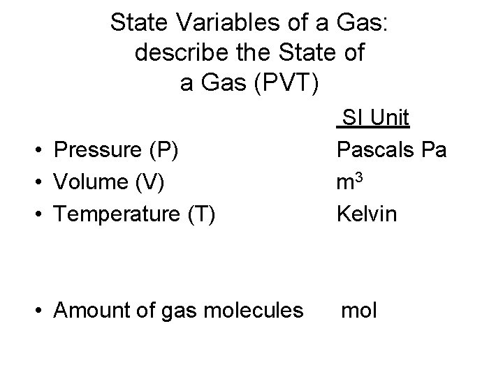 State Variables of a Gas: describe the State of a Gas (PVT) • Pressure