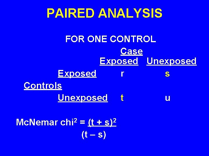 PAIRED ANALYSIS FOR ONE CONTROL Case Exposed Unexposed Exposed r s Controls Unexposed t PAIRED ANALYSIS FOR ONE CONTROL Case Exposed Unexposed Exposed r s Controls Unexposed t