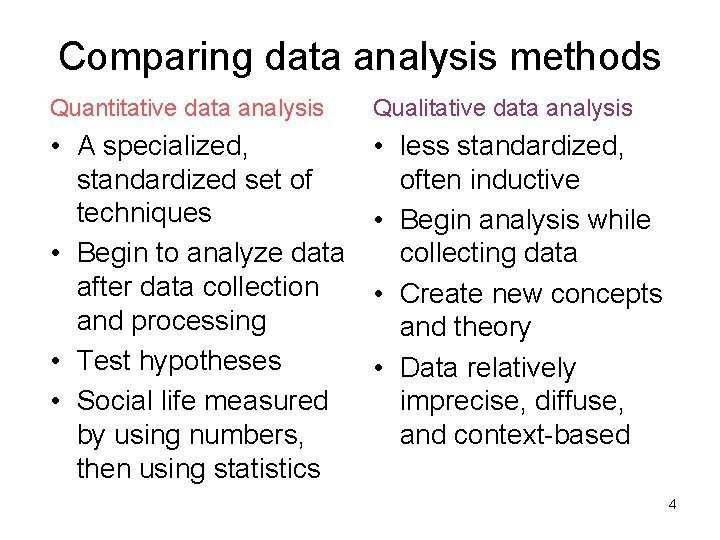 Comparing data analysis methods Quantitative data analysis Qualitative data analysis • A specialized, standardized