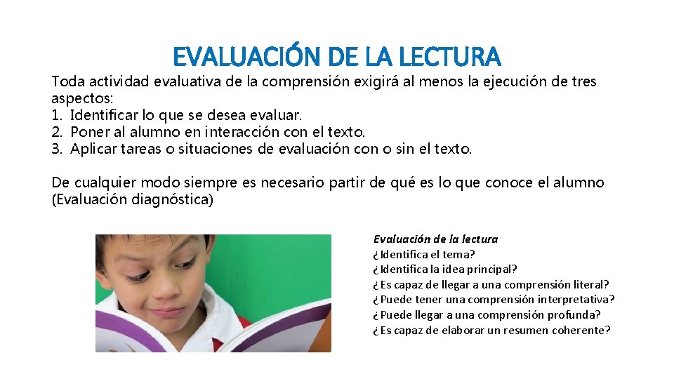 EVALUACIÓN DE LA LECTURA Toda actividad evaluativa de la comprensión exigirá al menos la