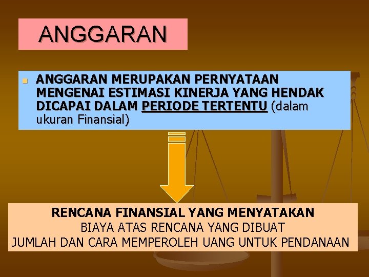 ANGGARAN n ANGGARAN MERUPAKAN PERNYATAAN MENGENAI ESTIMASI KINERJA YANG HENDAK DICAPAI DALAM PERIODE TERTENTU