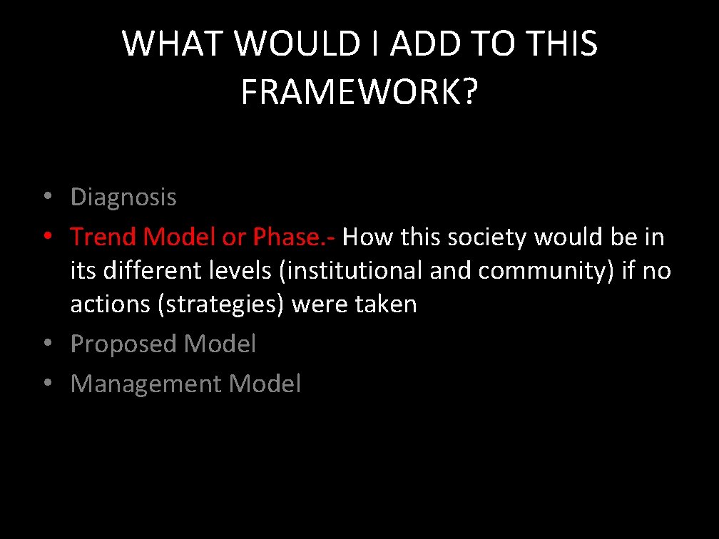 WHAT WOULD I ADD TO THIS FRAMEWORK? • Diagnosis • Trend Model or Phase.