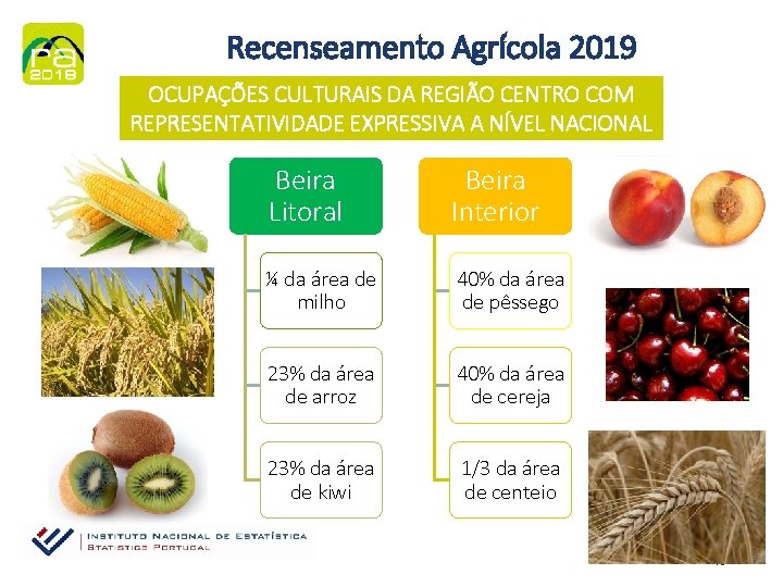 Recenseamento Agrícola 2019 OCUPAÇÕES CULTURAIS DA REGIÃO CENTRO COM REPRESENTATIVIDADE EXPRESSIVA A NÍVEL NACIONAL