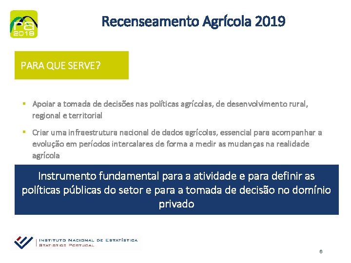 Recenseamento Agrícola 2019 PARA QUE SERVE? § Apoiar a tomada de decisões nas políticas