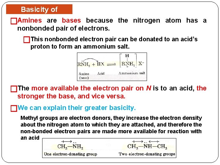 Basicity of Amines are bases because the nitrogen atom has a �Amines nonbonded pair