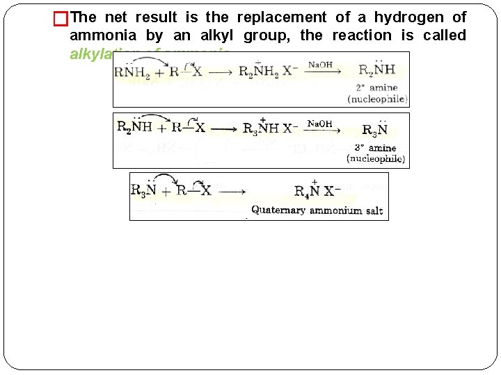 �The net result is the replacement of a hydrogen of ammonia by an alkyl
