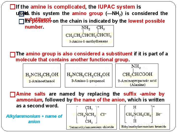 �If the amine is complicated, the IUPAC system is used. �In this system the