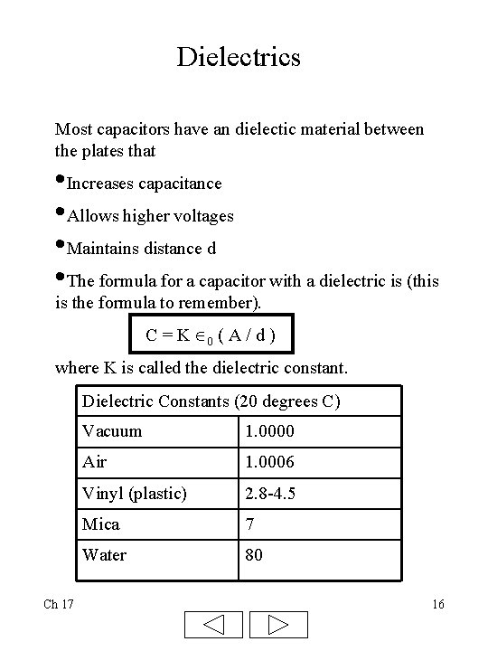 Dielectrics Most capacitors have an dielectic material between the plates that • Increases capacitance