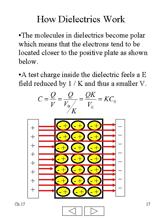 How Dielectrics Work • The molecules in dielectrics become polar which means that the