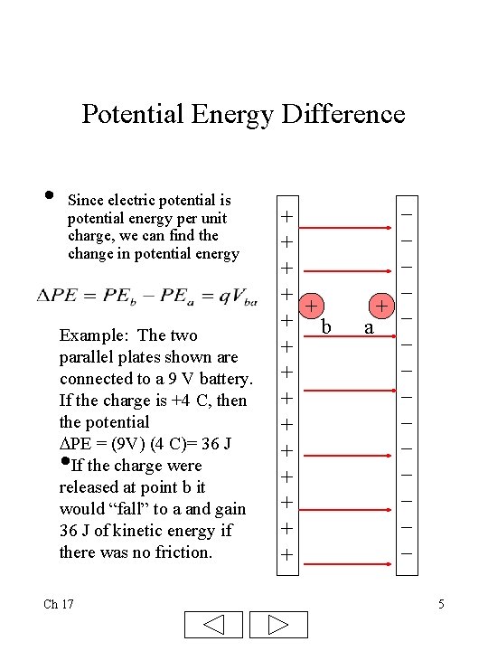 Potential Energy Difference • Since electric potential is potential energy per unit charge, we