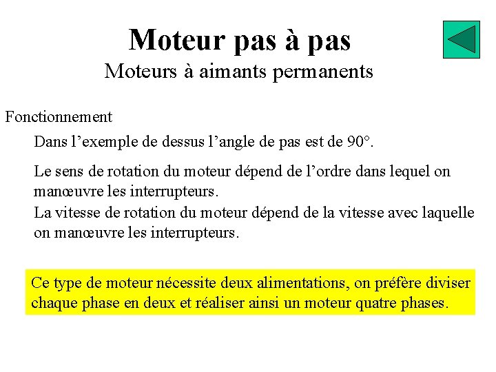 Moteur pas à pas Moteurs à aimants permanents Fonctionnement Dans l’exemple de dessus l’angle