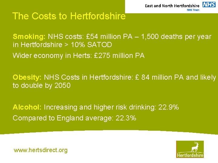 The Costs to Hertfordshire Smoking: NHS costs: £ 54 million PA – 1, 500