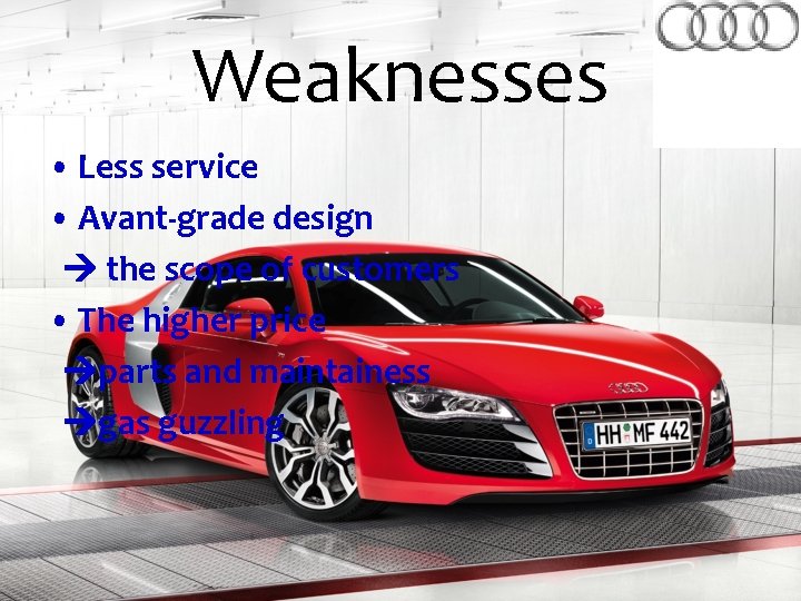 Weaknesses • Less service • Avant-grade design the scope of customers • The higher