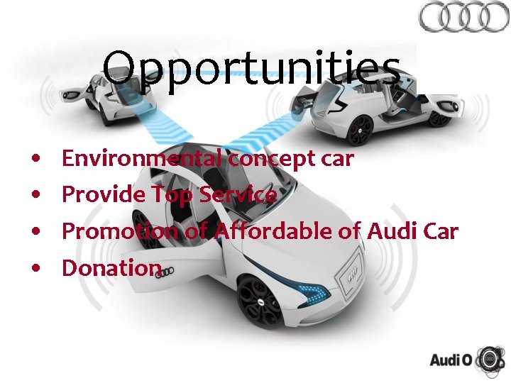 Opportunities • • Environmental concept car Provide Top Service Promotion of Affordable of Audi