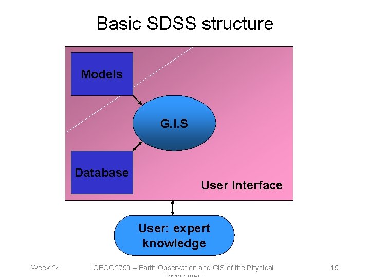 Basic SDSS structure Models G. I. S Database User Interface User: expert knowledge Week