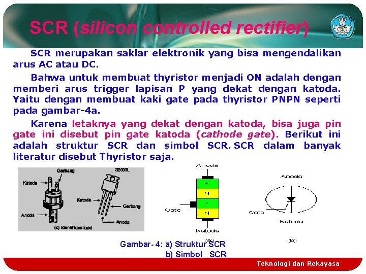 SCR (silicon controlled rectifier) SCR merupakan saklar elektronik yang bisa mengendalikan arus AC atau