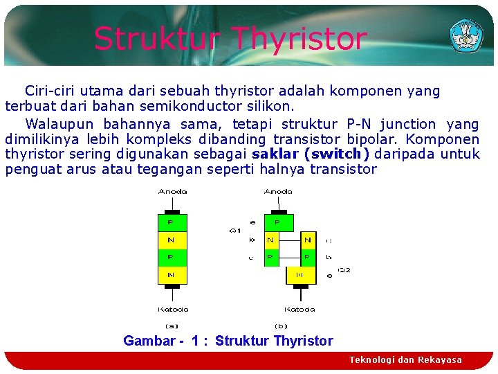 Struktur Thyristor Ciri-ciri utama dari sebuah thyristor adalah komponen yang terbuat dari bahan semikonductor