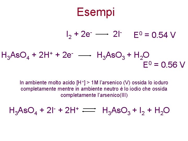 Esempi I 2 + 2 e. H 3 As. O 4 + 2 H+