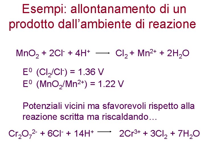 Esempi: allontanamento di un prodotto dall’ambiente di reazione Mn. O 2 + 2 Cl-