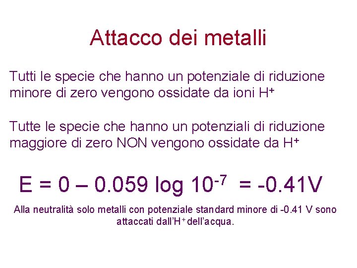 Attacco dei metalli Tutti le specie che hanno un potenziale di riduzione minore di