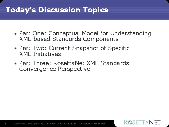 Today’s Discussion Topics • Part One: Conceptual Model for Understanding XML-based Standards Components • Today’s Discussion Topics • Part One: Conceptual Model for Understanding XML-based Standards Components •