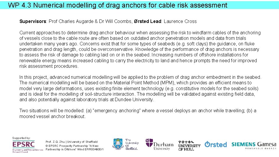 WP 4. 3 Numerical modelling of drag anchors for cable risk assessment Supervisors: Prof