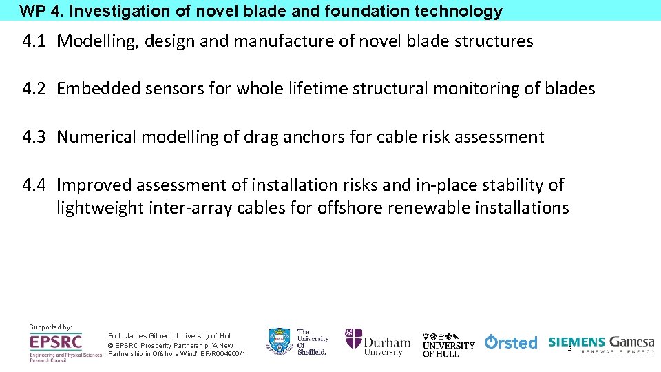 WP 4. Investigation of novel blade and foundation technology 4. 1 Modelling, design and