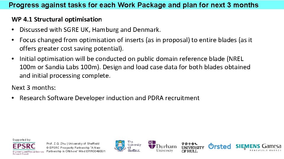 Progress against tasks for each Work Package and plan for next 3 months WP