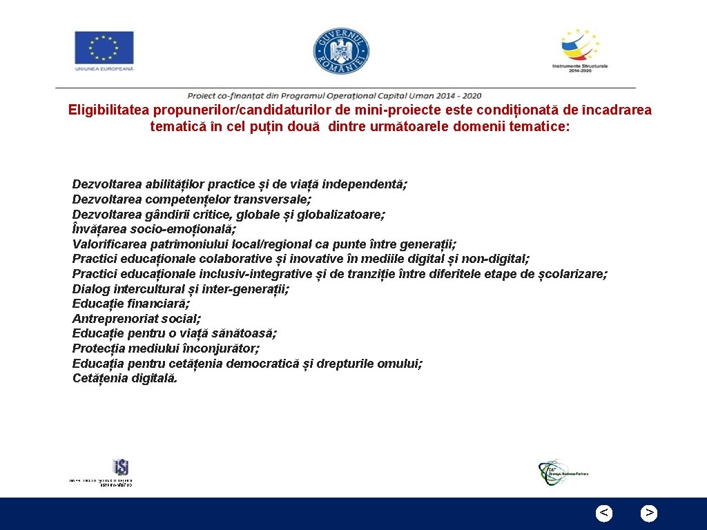 Eligibilitatea propunerilor/candidaturilor de mini-proiecte este condiționată de încadrarea tematică în cel puțin două dintre